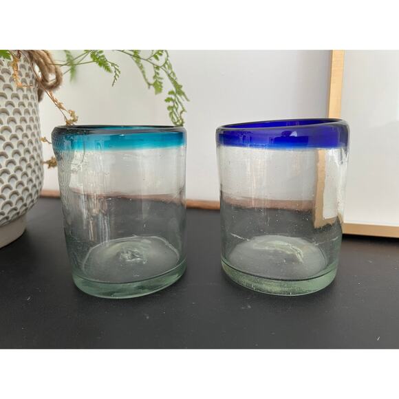 Vintage Mexican Hand Blown Cobalt Blue & Teal-Rimmed Glasses / Juice Water Glass - Picture 6 of 9